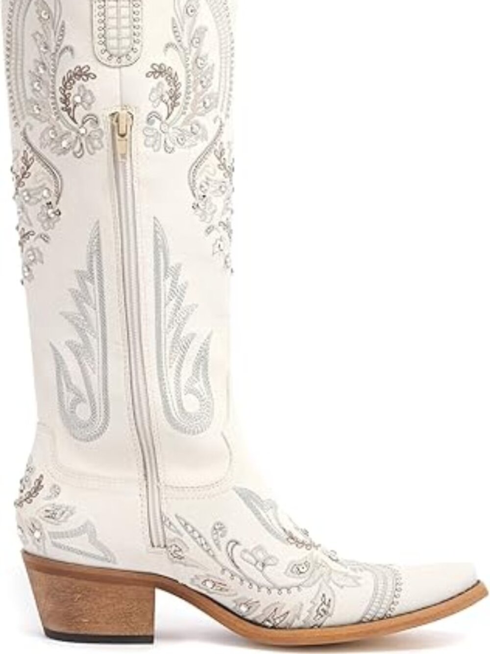 Women's White Embroidered Rhinestones Knee High Cowgirl Boots Pointed Toe - Picture 6 of 8
